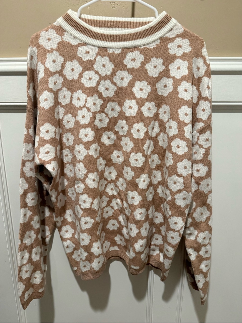 Cream Floral Crewneck Sweater in Tan